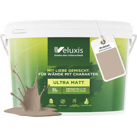 Wandfarbe Beige Braun Creme Matt Innenfarbe – Deckkraft Klasse 1, VOC-frei, Ohne Grundierung, Tropfarm – Wohnzimmer & Schlafzimmer – 5L – Veluxis (Matte Mushroom)