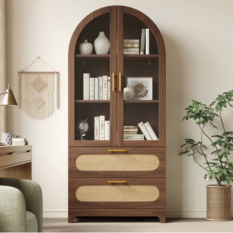 Vetrina con arco Montmartre, ante in vetro e 2 cassetti, MDF effetto noce, 80 x 40 x 175 cm (1/5)