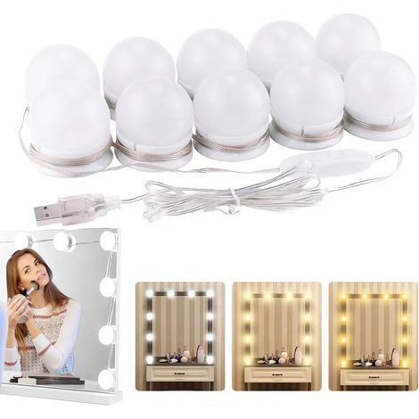 Lampe Miroir Led - 10 Ampoules - 3 Températures De Couleur 3000K/4000K/6500K - 10 Niveaux De Luminosité - Fonction Mémoire - Adhésif Double Face - USB 5V - Pour Miroir De Maquillage Et Coiffeuse