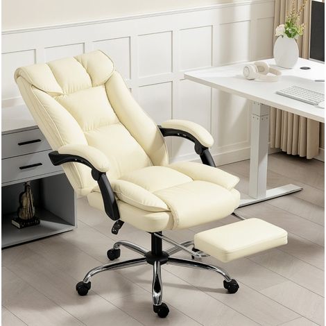 Ergonomischer Buerostuhl aus Kunstleder beige, 155° verstellbare Rueckenlehne, Fussstuetze, drehbar, 66 x 72 x 113-121 cm (1/5)