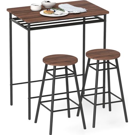 Table haute cuisine avec 2 tabourets style industriel, étagère ouverte et repose-pieds, gain de place