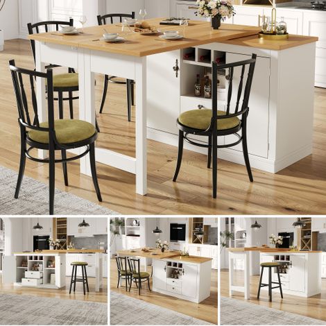LUHOMFU – Table haute extensible avec rangement, plateau pivotant à 360°, table de bar multifonctionnelle avec porte-bouteilles et étagères réglables, Blanc, 120–180 x 40 x 76 cm (1/5)