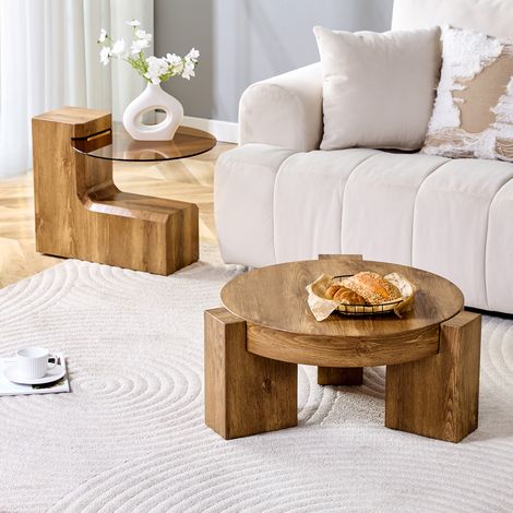Ensemble de 2 tables basses modulables, finition bois MDF et verre trempé fumé brun 6 mm – convertible en deux tables d'appoint, idéal pour salons flexibles et espaces variés. (1/5)