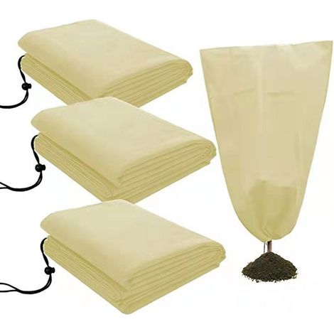 Housse de protection pour plantes en tissu non tissé, 3 pièces, couleur beige, fermeture éclair à cordon, dimensions 0,6 x 0,8 mètre, résistante au f