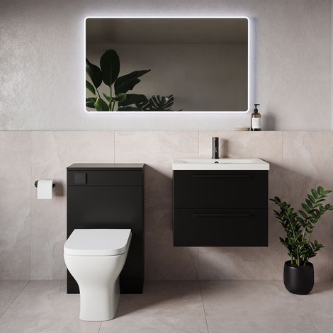 Napoli 390 Matt Black 1100mm Wall Mounted 2 Drawer Vanity Unit and Toilet Suite with Glide Basin - 1100mm - Matt Black 320mm HandleWith Kingston Toilet Pan and Seat