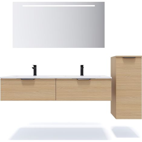 Meuble de salle de bain suspendu double vasque intégrée 140cm 2 tiroirs Chêne clair + miroir + colonne ouverture droite - Soho (1/5)