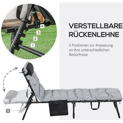Transat pliable, dossier réglable 5 niveaux, coussin rembourré, support jusqu'à 120 kg, structure acier, gris clair, 58 x 189 x 32,5 cm
