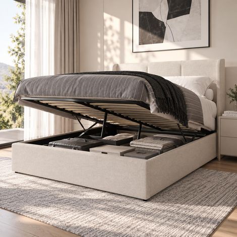 Cama canapé abatible 140x190 cm hidráulica con espacio de almacenaje, Cabecero orejero capitoné y somier de láminas, tela de lino, Beige (1/5)