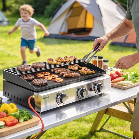 Griglia a gas da 7,5 kW, portatile, da tavolo, con 3 bruciatori, rivestimento in ceramica, griglia di cottura e supporto scaldavivande.