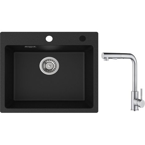 Cecipa Evier 1 Bac Quartz Noir 50x45cm Evier de Cuisine en Quartz Evier de Cuisine en Granit + Mitigeur Cuisine avec Douchette Extractible - 2 Jets aux Choix - Brossé (1/5)
