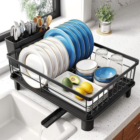 Égouttoir Vaisselle Acier Inoxydable, Drainer à Vaisselle Noir Avec Support Tasse, Porte-Ustensile Séchoir à Vaisselle (1/5)