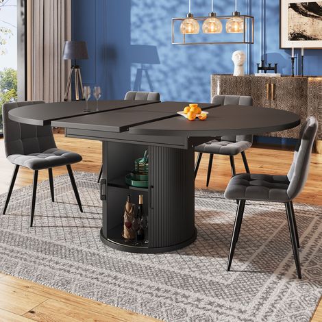 Table de cuisine extensible 118-158 cm, plateau laqué noyernoir table à manger, rangement intégré, pieds réglables (1/5)