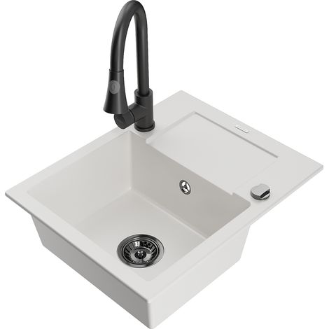 Mexen Enzo lavello da cucina in granito a 1 vasca con scolapiatti e rubinetto da cucina Elia, bianco - 6506-20-670101-70 (1/5)