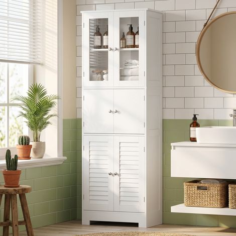 Armoire de salle de bain haute, meuble de rangement à 6 portes (2 portes vitrées et 2 portes à persiennes), étagère réglable, blanche (1/5)
