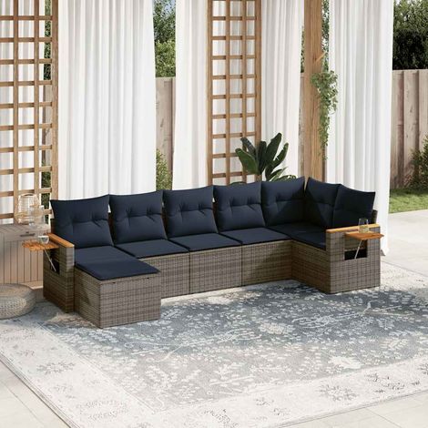 Set de sofás de jardín 7 pzas con cojines ratán sintético gris vidaXL (1/5)