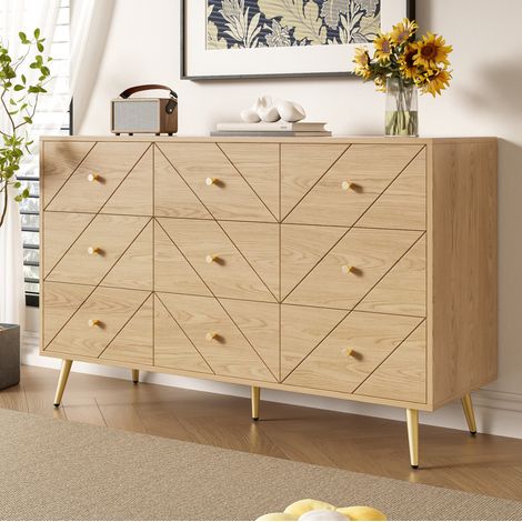 Comò a 9 cassetti, gambe in metallo, motivi geometrici, in legno, naturale (1/5)