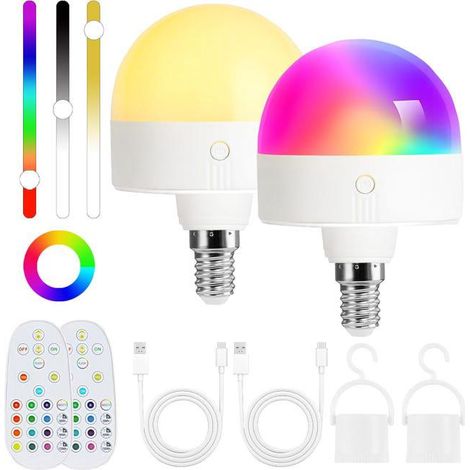 Lot de 2 ampoules rechargeables avec minuterie et télécommande, ampoule à piles à intensité variable, E14, 3 températures de couleur + 12 couleurs RVB (SKU produit : 98225156 SKU Offre : mwj25.10.22- (1/4)
