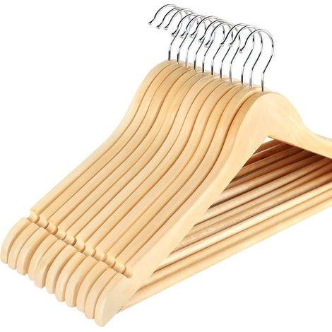 Cintres en bois massif pour adultes Lot de 32 Cintres en bois 42 cm Cintres Couleur bois avec barre de pantalon et encoches d'épaule Cintre pour costume naturel Crochet pivotant à 360°, (1/5)