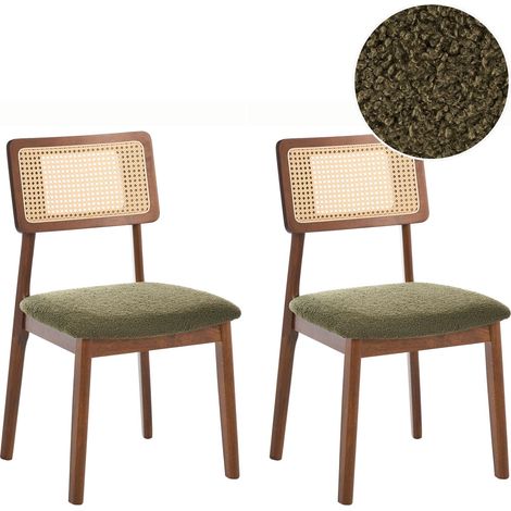 Lot de 2 Chaises de Salle à Manger Rétro Bouclé Structure Bois d'Hévéa Laqué Marron et Vert Embar (1/5)