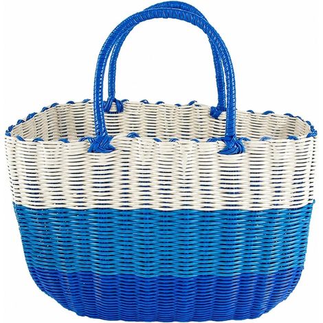 Rectangular Woven Basket with Wicker-Style Handles, Green Woven Plastic Top, Woven Storage Basket for Bathroom, Blue, XL (1/5)
