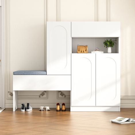 Zapatero con banco y puertas de cierre suave, blanco, 130x35x110 cm (1/5)