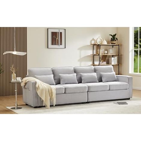 Canapé 4 places moderne en tissu lin avec coussins et poches de rangement, sofa confortable pour salon ou bureau (gris)