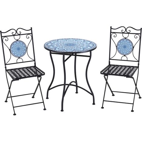 Giardino 3 pièces table et 2 chaises pliantes mosaïque bleu