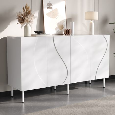 Modernluxe - Buffet moderne 140x40x77,5 cm - 4 portes incurvées 3D - Panneaux de particules et MDF - Pieds en métal - Blanc (1/4)