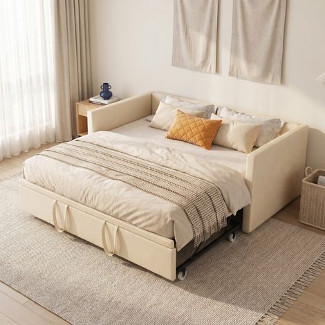 Canapé convertible 3 en 1, Banquette lit gigogne 90/180x200 cm, Canapé convertible, Velours, Beige (1/5)