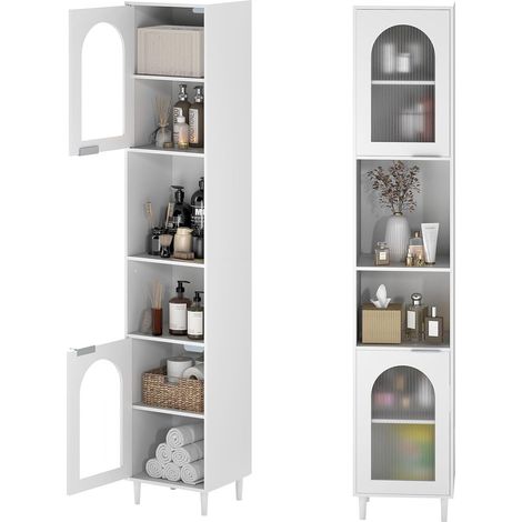 GOPLUS Meuble Salle de Bain Haut avec 2 Placards à Porte Verre Strié & 2 Compartiments Ouverts, Colonne Salle de Bain à Étagères Réglables, Pieds Surélevés, Armoire de Rangement Cuisine, 35x30x180 CM (1/5)