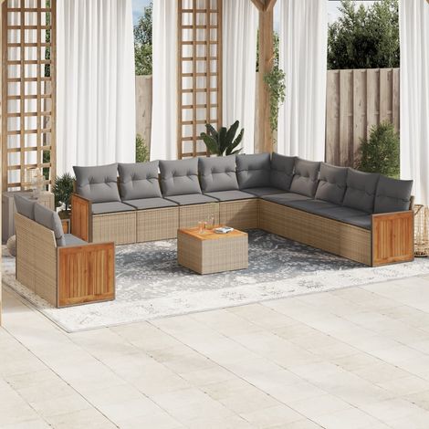 Ensemble de Salon de Jardin Modulaire 12 Pièces en Résine Tressée Beige avec Coussins Gris, Table en Bois d'Acacia - Modèle en L avec 4 Fauteuils, 1 Coin et 6 Sièges (1/5)