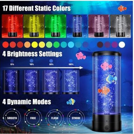 Lampe à bulle lumineuse avec Poisson, LED Aquarium avec Télécommande, 17 Couleurs, 4 Modes, Lumière RGB d'ambiance Décoration de Maison Chambre, Cadeau pour les Enfants Adults, Noir