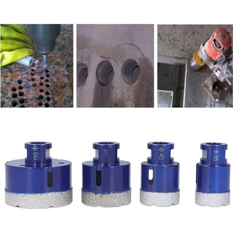 Lot de 4 scies cloches diamantées M14 pour meuleuse d'angle, pour le brasage du verre, de la céramique, du marbre et du granit, diamètres 35/40/50/68 mm. (1/5)