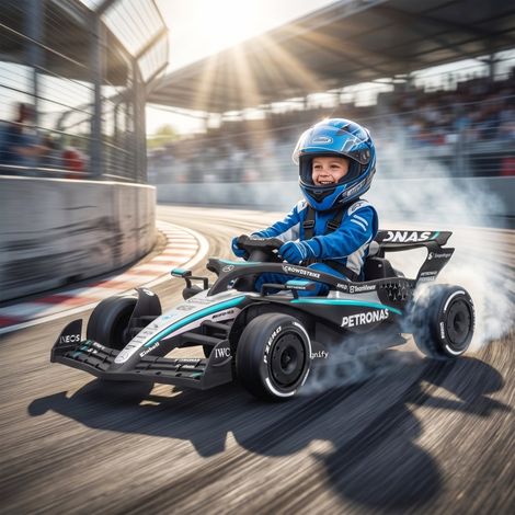 Go-kart elettrico Mercedes-AMG PETRONAS F1 12V per bambini, con batteria al litio, 2 motori e avviamento graduale. (1/5)