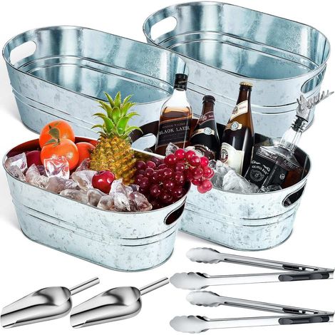 Lot de 4 seaux à boissons galvanisés et isothermes, avec 2 pelles à glace et 2 pinces en acier inoxydable. Idéal pour les fêtes à la maison ou les soirées entre amis. (1/5)