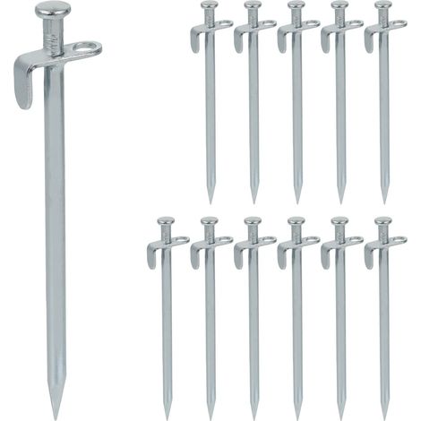 Relaxdays Tent Pegs Set of 12, Ground Anchor for Hard Soil, Camping, Stainless Steel Hooks, Metal, HxD 20x1.5 cm, Silver