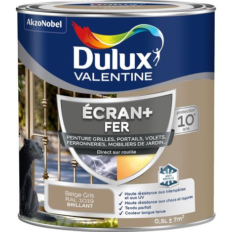 ECRAN+ FER BRILLANT - Peinture pour fer intérieur/extérieur - Grilles, portails, volets, ferroneries, mobiliers de jardin - Beige Gris 0,5 L - Dulux Valentine