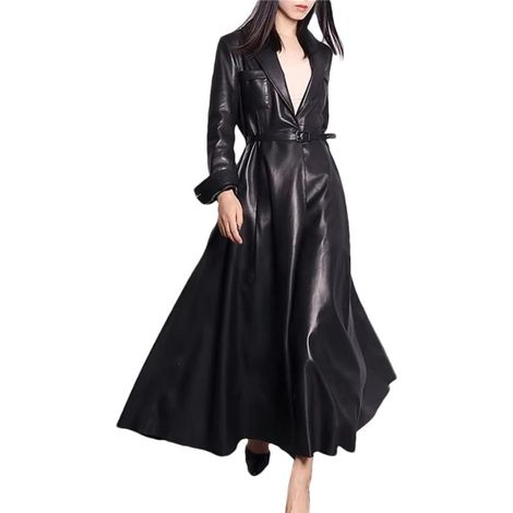 Trench-coat long en similicuir pour femme avec jupe et ourlet évasé (1/5)