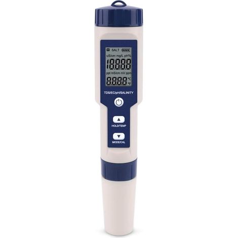 Testeur de Qualité d'Eau 5 en 1 : pH, EC/TDS, Température, Salinité, Conductivité, Stylo de Test avec Rétro-éclairage, pour Piscine, Aquarium et Eau Potable (1/4)