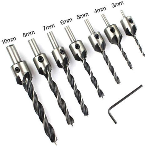 Paquet de 7 forets fraisés HSS 5 pour le perçage de chanfrein du bois clé de 3 à 10mm, foret d'ouverture de chanfrein à positionnement réglable (1/4)