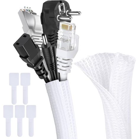 Manchon de Câble Gaine Bureau, 3 Mètre 13mm Extensible Gaine Range Cable, Réglable Gaines Câble Tressée, Souple Ajustable Gestion de Cable en Pet pour Câbles Automobiles/PC/Télé/USB/Audio, Blanc (1/5)
