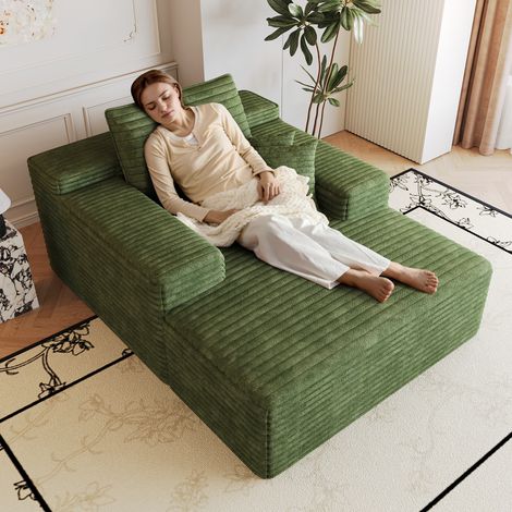 Canapé Convertible 1 places en velours côtelé vert, Canapé d'Angle Moderne ouverture express avec chaiselongue, assise profonde, boneless modulaire, montage non requis, sans armature (1/5)