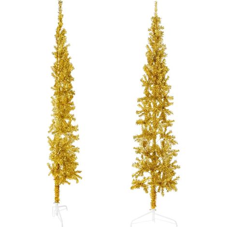 Demi Sapin de Noël Arbre de Noël artificiel mince avec support Doré 210 cm (1/5)