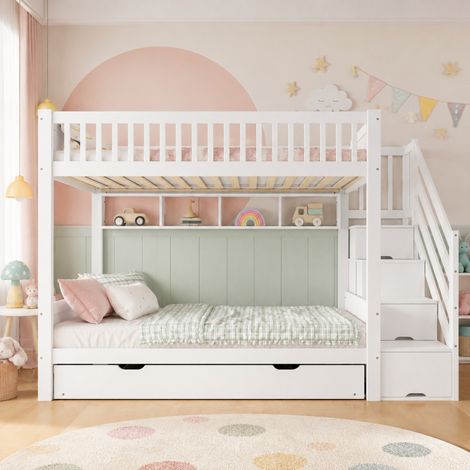 DESMIU Lit superposé enfant 90 × 200 cm avec lit gigogne, étagère, armoire et rangement, sans matelas, en pin, blanc
