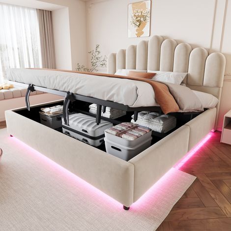 Lit coffre rembourré 180x200 cm avec rangement hydraulique, tête de lit épaisse et confortable, LED au pied, sommier à lattes, velours, Beige (1/5)