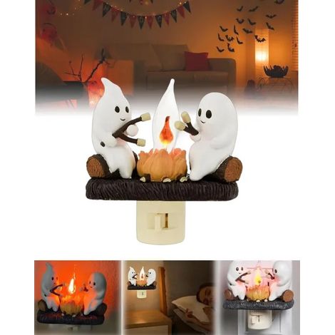 Veilleuse Vacillante de Feu de Camp Fantôme, Prise de Veilleuse de Nuit Fantôme d'Halloween, Bougies électriques 3D sans Flamme