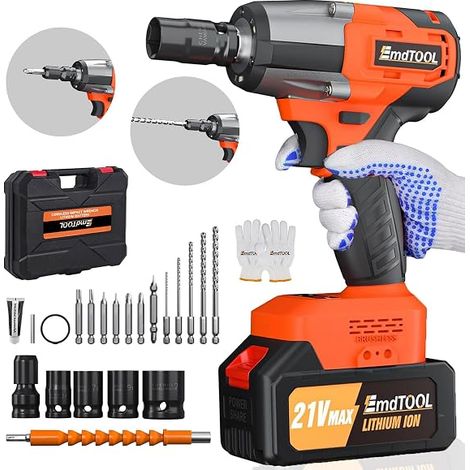 Clé à Chocs Sans Fil Brushless avec deux 4.0 Ah batteries, 550 N.M Boulonneuse à choc Electrique 3400RPM, clé à chocs 3 en 1 avec lumière LED 4 douilles, 12 mèches, pour la maison et la voiture (1/5)