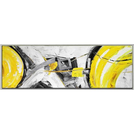 Tableau abstrait jaune et gris formes métalliques cadre argent (1/2)