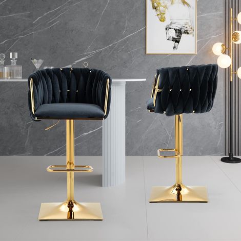 Tabourets de Bar Lot de 2, Chaises Hautes réglables avec Dossier et Repose-Pieds, Assise en Velours Élégant - Noir (1/5)