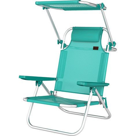 Chaise de plage, chaise longue d'extérieur pliable à 6 positions, auvent ajustable et repose-tête, 62x68x79cm, turquoise